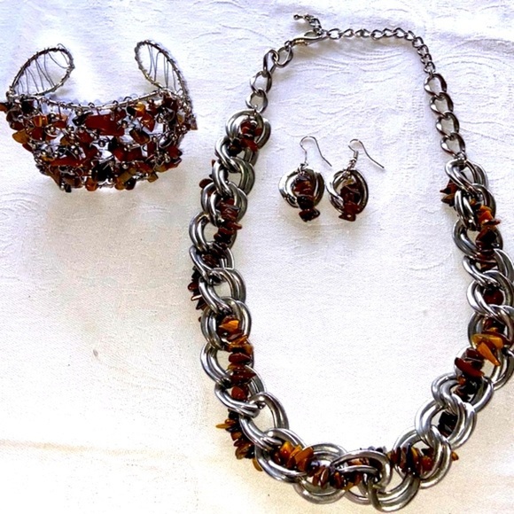 Natural Stone and Silver Links Necklace Bracelet & Earring Set - Picture 9 of 12